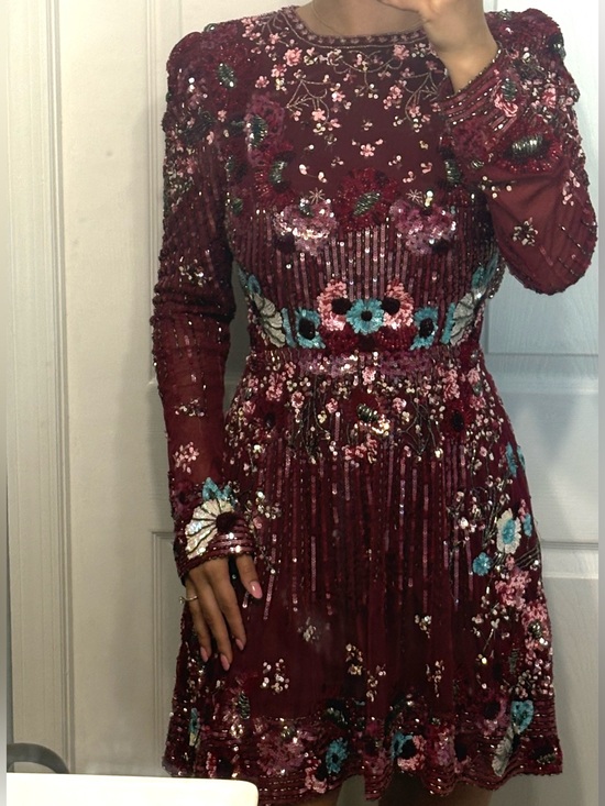 Dresses & Skirts - Embroidered Burgundy Long-Sleeve Mini Dress